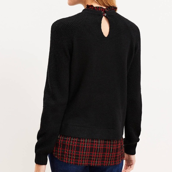 Loft Black red green gold Plaid Layered Mixed Media Cable Sweater keyhole size L - Picture 2 of 12